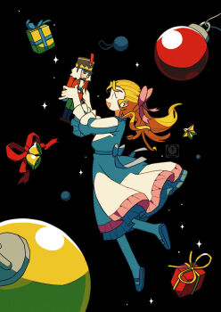 Rule 34 | 1girl, :d, bell, blonde hair, bow, christmas ornaments, clara (the nutcracker), commentary request, gift, highres, holding, holding toy, nutcracker, open mouth, pink bow, smile, star ornament, tenteko mai51, the nutcracker, the nutcracker (character), toy