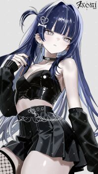 1girl absurdres black_choker black_nails black_shirt black_skirt blue_hair bone_hair_ornament chain chiromi choker commentary commission cowboy_shot crop_top cropped_shirt cross cross_earrings detached_sleeves ear_chain earrings expressionless fingernails grey_eyes hair_intakes hair_ornament heart heart_hair_ornament highres jewelry leather_shirt linked_piercing long_hair long_sleeves midriff multicolored_hair nail_polish original parted_lips piercing pleated_skirt shirt simple_background skirt sleeveless sleeveless_shirt solo spiked_ear_piercing straight_hair streaked_hair very_long_hair watermark watermark_grid white_background