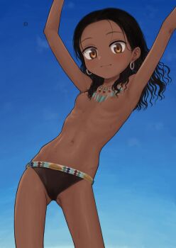 1girl armpits breasts brown_eyes collar dark-skinned_female dark_skin earrings egyptian egyptian_female female_focus highres jewelry legs loli long_hair navel nitera1041 original outdoors panties sky small_breasts solo standing stomach thighs tribal_jewelry underwear