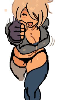 1girl angel_(kof) bouncing_breasts breasts drawbuster female_focus gloves hand_up huge_breasts large_breasts muscular muscular_female open_mouth panties short_hair smile smiley_face the_king_of_fighters thick_thighs thighs underwear white_hair