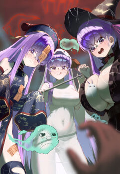 Rule 34 | 3girls, absurdres, bare shoulders, bb (fate), blue eyes, blush, breasts, cleavage, dress, fate/grand order, fate (series), hair ribbon, hanaet, highres, huge breasts, large breasts, long hair, long sleeves, looking at viewer, meltryllis (fate), multiple girls, open mouth, passionlip (fate), pink eyes, purple eyes, purple hair, ribbon, small breasts, smile