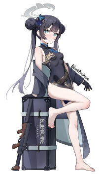 1girl :/ absurdres aqua_eyes arm_support bare_legs bare_shoulders barefoot black_dress black_gloves black_hair black_jacket blue_archive breasts bullet butterfly_hair_ornament character_name china_dress chinese_clothes chinese_commentary closed_mouth commentary_request copyright_name cs/ls06 double-parted_bangs double_bun dragon_print dress full_body gloves grey_halo gun hair_bun hair_ornament halo highres holding holding_bullet irain jacket kisaki_(blue_archive) leg_up light_blush long_hair long_sleeves looking_at_viewer off_shoulder open_clothes open_jacket pinstripe_jacket pinstripe_pattern pinyin_text print_dress side_slit simple_background sleeveless sleeveless_dress small_breasts solo standing standing_on_one_leg striped_clothes striped_jacket submachine_gun suitcase toes twintails vertical-striped_clothes vertical-striped_jacket weapon white_background