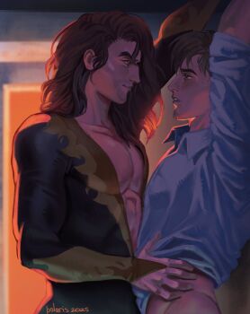 2boys absurdres arm_up arms_up bare_pectorals black_bodysuit blue_shirt bodysuit bridal_gauntlets brown_eyes clothes_lift collarbone collared_shirt commentary cowboy_shot dispatch english_commentary eye_contact flambae_(dispatch) groin hair_down hand_on_another&#039;s_hip highres long_hair looking_at_another male_focus multiple_boys open_collar parted_hair parted_lips pectorals pinned polariiiis09 robert_robertson shirt shirt_lift yaoi