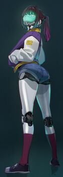 Rule 34 | 1girl, absurdres, ass, blue shorts, blush, character request, closed mouth, commentary request, copyright request, denim, denim shorts, face shield, from behind, full body, gradient hair, hands in pockets, highres, humanoid robot, jacket, joints, kneehighs, kurusu makina (milky galactic universe), long hair, long sleeves, looking at viewer, milky subway, multicolored hair, pink hair, ponytail, red eyes, red hair, red socks, robot, robot joints, shoes, short shorts, shorts, sneakers, socks, solo, standing, yd (orange maru)
