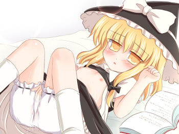Rule 34 | 1girl, blonde hair, bloomers, book, female focus, female masturbation, fingering, flat chest, hat, kirisame marisa, long hair, masturbation, nipples, ribbon, ry (yagoyago), solo, touhou, underwear, white bloomers