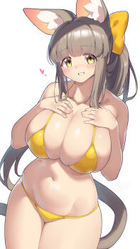 1girl absurdres animal_ear_fluff animal_ears arukiru bikini blush bow breasts cat_ears cat_girl cleavage collarbone commentary_request hair_bow hands_on_own_chest heart highres large_breasts looking_at_viewer navel original ponytail simple_background smile solo swimsuit white_background yellow_bikini yellow_bow yellow_eyes