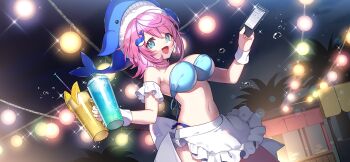 1girl :d alternate_costume animal_hat apron aqua_bikini bikini blue_eyes breasts clipboard commentary_request cowboy_shot cup drinking_straw food fruit hair_ornament hanging_light hat holding holding_clipboard holding_cup large_breasts lemon masaru.jp medium_hair navel night okunoda_miyoi open_mouth outdoors pink_hair smile solo stomach swimsuit touhou touhou_gensou_eclipse waist_apron whale_hair_ornament white_apron wrist_cuffs