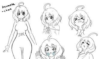 Rule 34 | > <, 1girl, ahoge, breasts, character name, closed eyes, closed mouth, cowboy shot, drooling, face against glass, greyscale, highres, insomnia-chan, kay yu, looking at viewer, medium breasts, medium hair, monochrome, multiple views, non-web source, original, simple background, sketch, smile, thigh gap, white background