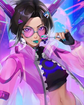 Rule 34 | aqua nails, black hair, black shirt, colored tongue, commentary, crop top, cropped shirt, earrings, english commentary, galacta, glass, green lips, green tongue, hair intakes, highres, horns, jacket, jewelry, looking at viewer, marvel, marvel rivals, noush, pink jacket, purple-tinted eyewear, purple eyes, round eyewear, see-through clothes, see-through jacket, shirt, short hair, sleeveless, solo, tinted eyewear, upper body