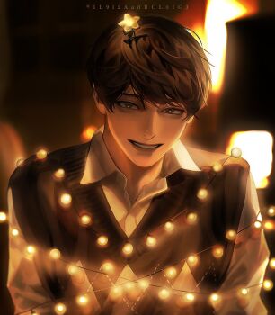 1boy :d aegyo_sal black_eyes black_hair blackbox_(blackbox9158) character_request check_character christmas_lights collared_shirt entangled grin hair_ornament head_tilt kim_dokja male_focus oldest_dream omniscient_reader&#039;s_viewpoint open_mouth shirt short_hair smile solo star_(symbol) star_hair_ornament upper_body white_shirt