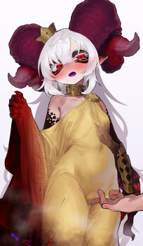 1boy 1girl absurdres bare_shoulders black_skin breasts colored_skin commentary_request covered_navel crown curled_horns demon_girl dress ekrea_jan facial_mark fingering fingering_through_clothes fingernails gold_collar gold_dress highres horns large_horns long_hair looking_to_the_side maou-chan_(ekrea_jan) original pointy_ears red_eyes sharp_fingernails small_breasts solo_focus stola through_clothes very_long_hair