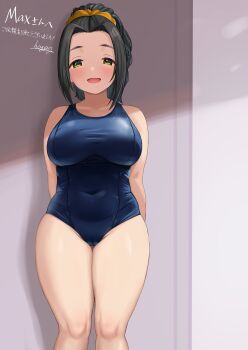 1girl absurdres arms_behind_back black_hair blue_one-piece_swimsuit breasts cameltoe commentary_request commission commissioner_name covered_navel ebihara_naho feet_out_of_frame green_eyes highres hogey_nk-2000 idolmaster idolmaster_cinderella_girls large_breasts navel one-piece_swimsuit ponytail second-party_source skeb_commission solo swimsuit translation_request