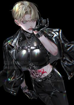 1girl angry black_background black_gloves black_jacket black_pants black_theme blonde_hair breasts chain chest_tattoo chromatic_aberration crop_top gloves highres jacket jinkei leather leather_jacket looking_at_viewer original pants solo tattoo