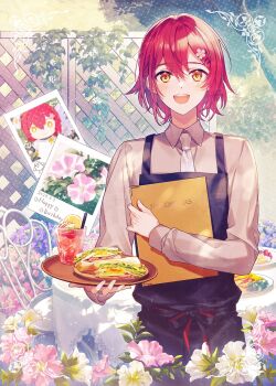 1boy :d apple apple_slice apron ben-day_dots black_apron bush chair character_doll collared_shirt cowboy_shot cup day doll drink drinking_glass drinking_straw egg_(food) flower food fruit grey_shirt hair_behind_ear hair_between_eyes hair_flower hair_ornament hairclip hanasaki_miyabi happy_birthday highres holding holding_menu holding_tray holostars ice ice_cube lace_trim lemon lemon_slice lettuce light_blush light_particles long_sleeves looking_at_viewer male_focus menu necktie official_alternate_costume omelet omurice open_mouth outdoors photo_(object) pink_flower plant pudding purple_flower red_hair sandwich screentones shirt short_hair smile solo standing table tablecloth tray tree trellis vines virtual_youtuber waiter white_flower white_necktie wooden_tray yellow_eyes yuu5078