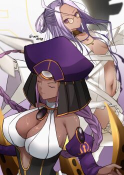 2girls ahoge alternate_breast_size_(larger) ancient_egyptian ancient_egyptian_clothes arms_at_sides bare_shoulders braid breasts cleavage closed_eyes dark-skinned_female dark_skin detached_sleeves dress dust_of_osiris facial_mark fate/grand_order fate_(series) forehead forehead_mark glass glasses hat highres huge_breasts melty_blood midriff multiple_girls name_connection open_clothes paper_moon_(fate/grand_order) purple_eyes purple_hair rani_xii sidelocks sion_eltnam_(type-moon) small_breasts tsukihime vent_vert_(kuuya) white_dress wide_sleeves