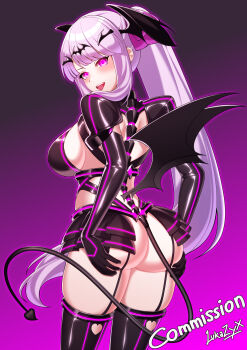 absurdres ass corruption demon_wings gloves grabbing_own_ass head_wings highres latex latex_gloves leiva liberator_azarin_(exs-tia) microskirt new_game! non-web_source ponytail skirt tail takimoto_hifumi thighhighs unusual_pupils white_hair wings