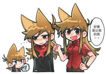 1boy 2girls :d ? alternate_costume animification antenna_hair black_coat black_hoodie blush breasts brown_hair buwangchuxingaoyixin chinese_commentary chinese_text coat collared_shirt commentary_request cropped_torso drawstring eddsworld flipped_hair genderswap genderswap_(mtf) grey_eyes hair_behind_ear hair_bobbles hair_ears hair_ornament hand_on_own_hip highres hood hood_down hoodie jitome long_hair long_sleeves looking_at_viewer looking_to_the_side medium_breasts multiple_girls multiple_persona official_alternate_costume open_clothes open_coat open_mouth red_hood red_shirt shirt short_hair short_sleeves sidelocks simple_background smile speech_bubble sweatdrop tord_(eddsworld) tori_(eddsworld) translation_request variant_set white_background