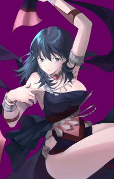 1girl absurdres alternate_costume arm_up armlet armpits blue_eyes blue_hair breasts commentary_request dancer dancer_(fire_emblem:_three_houses) dancing female_byleth_(fire_emblem) fire_emblem fire_emblem:_three_houses floating_hair hair_between_eyes highres jewelry large_breasts long_hair looking_at_viewer marukubi9595 nintendo official_alternate_costume purple_background simple_background smile solo thighs