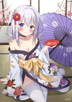 1girl bare_shoulders blue_eyes blush breasts cleavage closed_mouth collarbone commentary_request cowboy_shot cup flower grey_hair hair_between_eyes hair_ornament hairclip highres holding holding_cup japanese_clothes kimono long_hair long_sleeves looking_at_viewer medium_breasts off_shoulder oil-paper_umbrella original red_flower sakazuki sitting smile solo thighhighs tobio_illust two_side_up umbrella white_kimono white_thighhighs wide_sleeves