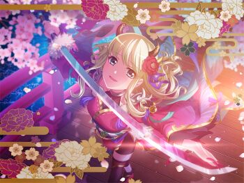 Rule 34 | 1girl, aqua eyes, blonde hair, bridge, cosplay, demon horns, egasumi, fake horns, game cg, hair ornament, holding, holding sword, holding weapon, horns, japanese clothes, japanese mythology, kimono, long hair, looking at viewer, looking up, official art, outstretched arms, parted lips, pink kimono, pink nails, shoujo kageki revue starlight, shoujo kageki revue starlight -re live-, shuten douji (mythology), shuten douji (mythology) (cosplay), solo, standing, sword, upper body, weapon, wide sleeves, yumeoji shiori