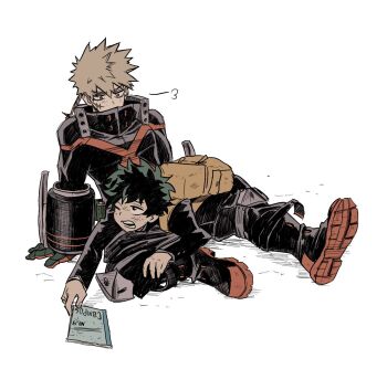 Rule 34 | 2boys, arm support, backpack, bag, bakugou katsuki, black jacket, black pants, black shirt, blonde hair, boku no hero academia, boots, commentary request, eye contact, facial scar, green hair, jacket, knee pads, korean commentary, layered sleeves, long sleeves, looking at another, looking down, male focus, midoriya izuku, multiple boys, one eye closed, open mouth, pants, popped collar, puff of air, scar, scar on cheek, scar on face, shirt, short hair, simple background, sitting, spiked hair, superhero costume, teeth, thatsmyquirk, time paradox, white background, yaoi, yellow bag
