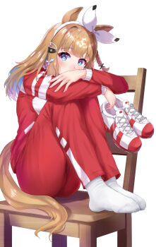 1girl absurdres almond_eye_(umamusume) blush chair commentary evefly_megane_p highres holding holding_shoes holding_unworn_clothes jacket knees_up long_hair long_sleeves looking_at_viewer no_shoes on_chair pants red_jacket red_pants shoes simple_background socks soles solo tracen_training_uniform track_jacket umamusume unworn_shoes white_background white_shoes white_socks