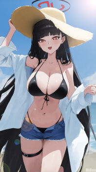 1girl :d absurdres bare_shoulders beach bikini black_bikini black_hair blue_archive blush breasts cleavage commentary_request hair_ornament hairclip halo hat highres large_breasts long_hair looking_at_viewer mi_rong_abmiron navel ocean open_mouth outdoors red_eyes ringed_eyes rio_(blue_archive) shorts smile solo straw_hat swimsuit thigh_strap very_long_hair