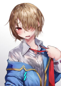 Rule 34 | 1girl, absurdres, black bra, blonde hair, blue jacket, blush, bra, bra visible through clothes, clothes grab, collared shirt, commentary, cropped, furrowed brow, hair ornament, hair over one eye, hairclip, heaven burns red, highres, hot, jacket, kayamori ruka, kisaragi yayoi (ksrg yayoi), looking at viewer, necktie, necktie grab, neckwear grab, one eye covered, parallel hairclips, red eyes, red necktie, see-through clothes, see-through shirt, shirt, short hair, simple background, sweat, underwear, upper body, wet, wet clothes, wet shirt, white background, white shirt