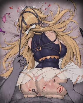 1boy 1girl absurdres ameng_(katena1990) amputee anal anal_object_insertion ass azur_lane black_shirt blonde_hair body_modification breasts condom cumdump gag_harness gagged hair_spread_out heart hetero highres huge_breasts long_hair object_insertion quadruple_amputee restroom_symbol richelieu_(azur_lane) see-through_clothes see-through_skirt sex shirt skirt slap_mark tally used_condom vaginal wide_hips