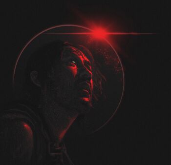 Rule 34 | 1boy, aegyo sal, beard, black hair, commentary, eclipse, english commentary, facial hair, highres, iron lung (movie), looking up, parted lips, portrait, quinnickly, red light, red theme, short hair, simon (iron lung), solo, textless version, tunic, wavy hair