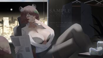 1girl absurdres alternate_breast_size_(larger) alternate_costume animal_ears black_bra black_skirt black_thighhighs bra breasts cigarette cleavage clothes_hanger collarbone commentary crossed_legs futatsuiwa_mamizou glasses highres holding holding_newspaper huge_breasts leaf leaf_on_head miniskirt newspaper no_noru office_lady partially_unbuttoned raccoon_ears raccoon_girl raccoon_tail sample_watermark shirt sitting skirt smoking solo tail thighhighs touhou underwear untranslatable_commentary unworn_clothes watermark white_shirt
