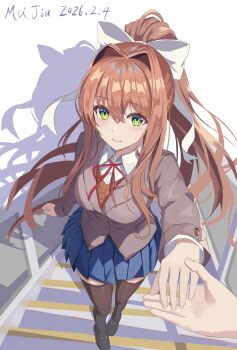1girl absurdres bilibili_631804437 black_shoes black_thighhighs blazer blue_skirt blush_stickers bow brown_hair brown_jacket buttoned_cuffs buttons chinese_commentary closed_mouth collared_shirt commentary_request dated doki_doki_literature_club doki_doki_literature_club_school_uniform dot_nose drop_shadow floating_hair from_above full_body green_eyes hair_between_eyes hair_bow hair_intakes highres holding_hands jacket loafers long_hair long_sidelocks long_sleeves looking_at_viewer miniskirt monika_(doki_doki_literature_club) neck_ribbon orange_sweater_vest penny_loafers pleated_skirt ponytail pov pov_hands red_ribbon ribbon school_uniform shirt shoes sidelocks skirt smile stairs sweater_vest thighhighs very_long_hair walking white_background white_bow white_shirt zettai_ryouiki