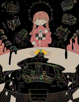 1girl abstract ajisai_(ajicider) anniversary bed bedroom black_background blob box braid brown_hair candle cardboard_box closed_eyes commentary_request desk disembodied_eye disembodied_hand door eating facing_viewer food fork holding holding_fork holding_knife kitchen_knife knife long_hair long_sleeves madotsuki omelet omurice open_mouth pink_sweater plate print_sweater puddle rainbow_gradient rug solo sweater turtleneck turtleneck_sweater twin_braids umbrella water_drop wide_shot yume_nikki