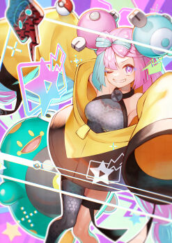 1girl absurdres bellibolt breasts commentary_request criss-cross_halter gen_4_pokemon green_hair grey_shirt grin halter_shirt halterneck highres iono_(pokemon) jacket long_hair long_sleeves looking_at_viewer medium_breasts nintendo one_eye_closed pantyhose pantyhose_under_shorts pink_hair poke_ball poke_ball_(basic) pokemon pokemon_(creature) pokemon_sv purple_eyes rotom rotom_phone sharp_teeth shirt sho_(sumika) shorts single_leg_pantyhose sleeves_past_fingers sleeves_past_wrists smile star_(symbol) star_print teeth thigh_strap twintails yellow_jacket