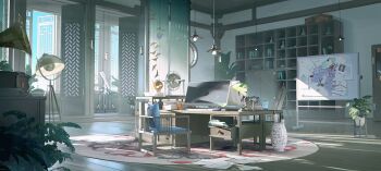 ceiling_light chair chinese_commentary commentary_request day desk door drawer globe highres indoors jiuwangyuyan lamp light_particles open_window original phonograph pillow plant potted_plant rug scenery screen shelf still_life sunlight telescope window