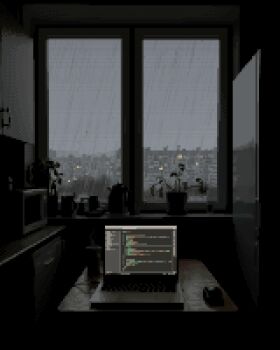 aleha_84 animated animated_gif building cloud cloudy_sky computer computer_mouse dark drawer highres indoors laptop microwave original pixel_art plant potted_plant programming_(topic) rain refrigerator sky table window