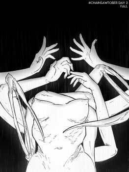 1girl alt_text breasts chainsaw_man commentary english_commentary extra_arms falling_devil_(chainsaw_man) greyscale headless highres medium_breasts monochrome monster_girl nipples nude solo upper_body winterflan