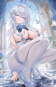 1girl animal_ear_fluff animal_ears bare_shoulders black_bow black_bowtie blue_eyes blue_flower blue_nails blue_petals blue_rose blue_shoes bow bowtie breast_curtains breasts bug butterfly center_opening checkered_floor cleavage commentary commentary_request english_commentary fingernails flower hair_between_eyes hair_ornament high_heels highres indoors insect kemonomimi_mode large_breasts long_fingernails long_hair looking_at_viewer machi_(machi0910) machi_(machi0910)_(person) mixed-language_commentary mole mole_on_breast nail_polish no_bra original pantyhose parted_lips rabbit_ears rabbit_girl rose shoes smile solo squatting very_long_hair white_butterfly white_hair white_pantyhose