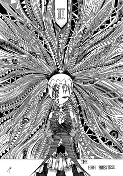 Rule 34 | absurdres, black bow, bow, card (medium), detached sleeves, dress, frilled dress, frills, greyscale, hair bow, high collar, highres, long hair, mahou shoujo madoka magica, monochrome, one eye covered, own hands together, rigel0310, roman numeral, sakura kyoko, sakura kyoko (magical girl), sleeveless, sleeveless dress, tarot, tarot (medium), the high priestess (tarot), very long hair