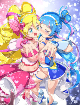 2girls aokaze_nana bare_shoulders blonde_hair blue_eyes bow breast_press breasts brooch choker commentary_request cover cover_page cure_idol cure_wink detached_collar detached_sleeves dress elbow_gloves embarrassed fingerless_gloves gloves hair_bow hair_ornament hairclip heart heart_brooch highres jewelry kimi_to_idol_precure kohsaka_jun looking_at_another looking_at_viewer manga_cover medium_breasts midriff multicolored_hair multiple_girls navel nipples pink_dress pink_hair ponytail precure purple_eyes pussy_juice red_choker sakura_uta_(precure) streaked_hair symmetrical_docking textless_version thigh_strap