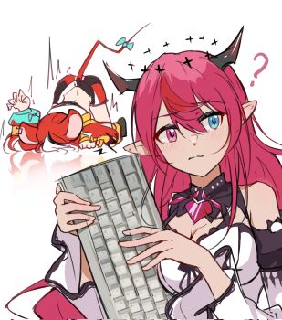 animal_ears blue_eyes blush computer_keyboard dress hakos_baelz hakos_baelz_(1st_costume) heterochromia highres hololive hololive_english horns irys_(hololive) irys_(irys_2.0)_(hololive) ka_klstar long_hair mouse_ears mouse_girl mouse_tail multicolored_hair multiple_girls pointy_ears purple_hair red_hair streaked_hair tail virtual_youtuber white_background white_hair