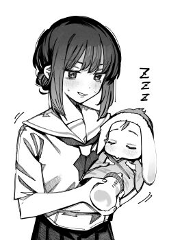 Rule 34 | 2girls, absurdres, baby, baby bottle, baby carry, blush, bottle, carrying, cho kaguya-hime!, closed eyes, commentary, greyscale, grin, hair bun, highres, holding, holding bottle, kaguya (cho kaguya-hime!), mole, mole under eye, monochrome, multiple girls, neckerchief, nervous smile, nervous sweating, pleated skirt, sailor collar, sakayori iroha, school uniform, serafuku, short sleeves, sidelocks, simple background, single hair bun, skirt, smile, sweat, untranslatable commentary, white background, xiaoju xiaojie, yurie mouth, zzz