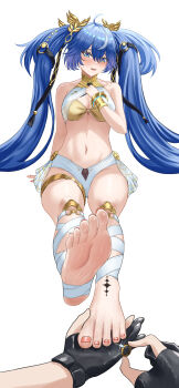 1girl absurdres adapted_costume ahoge ayloss bare_shoulders black_gloves blue_eyes blue_hair blush breasts cleavage commentary_request feet female_rover_(wuthering_waves) gloves gold_bra hair_belt hair_between_eyes hand_up highres holding holding_jewelry holding_ring iuno_(wuthering_waves) jewelry laurel_crown leg_wrap long_hair medium_breasts multicolored_hair nail_polish navel open_mouth partially_fingerless_gloves pov pov_hands ring rover_(wuthering_waves) showgirl_skirt simple_background skirt stomach streaked_hair tacet_mark_(wuthering_waves) thighlet thighs toe_ring toenail_polish toenails toes twintails vambraces white_background white_skirt wuthering_waves