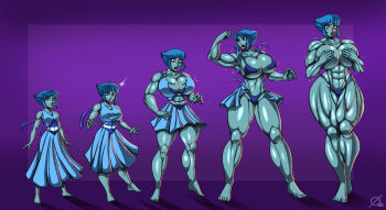 1girl absurdres barefoot blue_eyes blue_hair blue_skin blush breast_expansion breasts colored_skin covering_breasts covering_privates curvy female_focus full_body height_growth highres huge_breasts lapis_lazuli_(steven_universe) large_breasts looking_at_viewer matching_hair/eyes muscle_growth muscular muscular_female osmar-shotgun sequential short_hair small_breasts solo steven_universe sweat thick_thighs thighs topless_female torn_clothes wide_hips