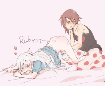 1futa 1girl ass bed blush bottomless breasts censored completely_nude drooling futa_with_female futanari grabbing_sheets grin hair_down handjob handjob_from_behind heart milking_handjob moaning motion_lines nagasawa_(tthnhk) nude open_mouth pajamas ruby_rose rwby short_hair small_breasts smile tank_top tears thighhighs tomboy trembling weiss_schnee white_hair yuri