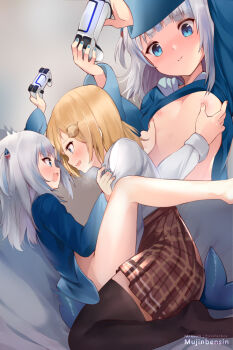 2girls artist_name bed_sheet blonde_hair blue_eyes blue_hair blush breath clothes_lift collared_shirt controller fins fish_tail flat_chest from_side game_controller gawr_gura hololive hololive_english hood hoodie hoodie_lift looking_at_viewer mujinbensin multicolored_hair multiple_girls multiple_views nail_polish nipple_stimulation nipple_tweak nipples shark_tail shirt skirt streaked_hair tail thighhighs virtual_youtuber watson_amelia white_hair yuri