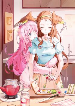 Rule 34 | 2girls, artist request, bang dream!, bang dream! it's mygo!!!!!, blue shirt, blush, breasts, brown hair, brown skirt, chihaya anon, chinese commentary, closed eyes, closed mouth, commentary request, commission, food, grey eyes, hairband, head wings, highres, hug, indoors, jacket, kitchen, knife, long hair, long sleeves, medium breasts, multiple girls, nagasaki soyo, one eye closed, open mouth, pink hair, pink jacket, sandwich, second-party source, shirt, skirt, wings, yellow hairband, yuri