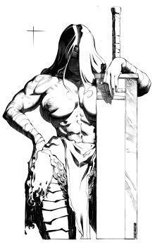 1girl abs absolute_dc absolute_wonder_woman amazon_warrior arm_tattoo arm_wrap breasts burustandin commentary dc_comics english_commentary highres holding holding_sword holding_weapon huge_weapon large_breasts long_hair monochrome muscular muscular_female shaded_face skirt solo sword tattoo tattoo_sleeve tiara weapon wonder_woman