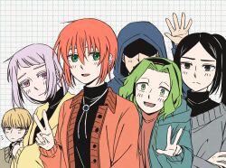 Rule 34 | 3boys, 3girls, :d, absurdres, black eyes, black sweater, blonde hair, bolo tie, closed mouth, crossed arms, delfuze, green eyes, green hair, green jacket, hatori chise, headphones, highres, hood, hood down, hood up, hooded jacket, isaac fowler, jacket, looking at viewer, lucy webster, mahou tsukai no yome, multiple boys, multiple girls, notice lines, open clothes, open jacket, open mouth, orange hair, orange jacket, philomela sargant, ponytail, purple eyes, purple hair, rian scrimgeour, smile, sweater, v, waving, yellow jacket, zoe ivey
