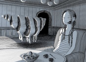 1girl absurdres apple armchair barbell_piercing bowl braid camisole ceiling chair closed_mouth creature doorway ear_piercing expressionless floating floor food fruit fruit_bowl glasgow_smile greyscale hatching_(texture) highres horror_(theme) indoors knife linear_hatching mole mole_on_neck monochrome original piercing ryaw solo striped_camisole surreal table teeth